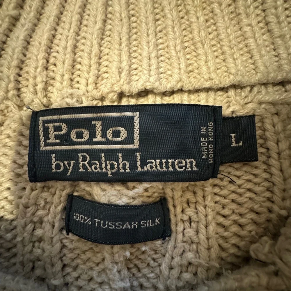 Vintage Polo Ralph Lauren Cable Knit Sweater Men L 100% Tussah Silk Button Mock